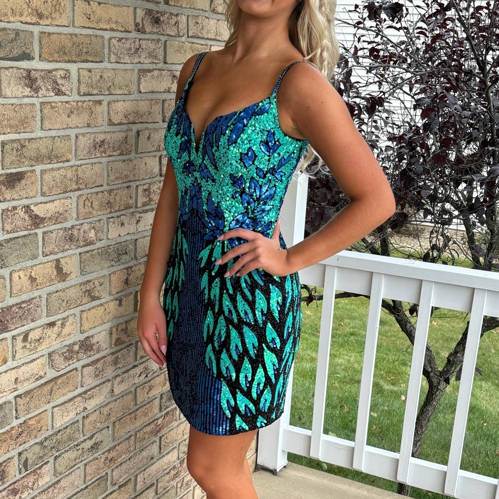 Jovani Blue and Green Sequin Mini Dress